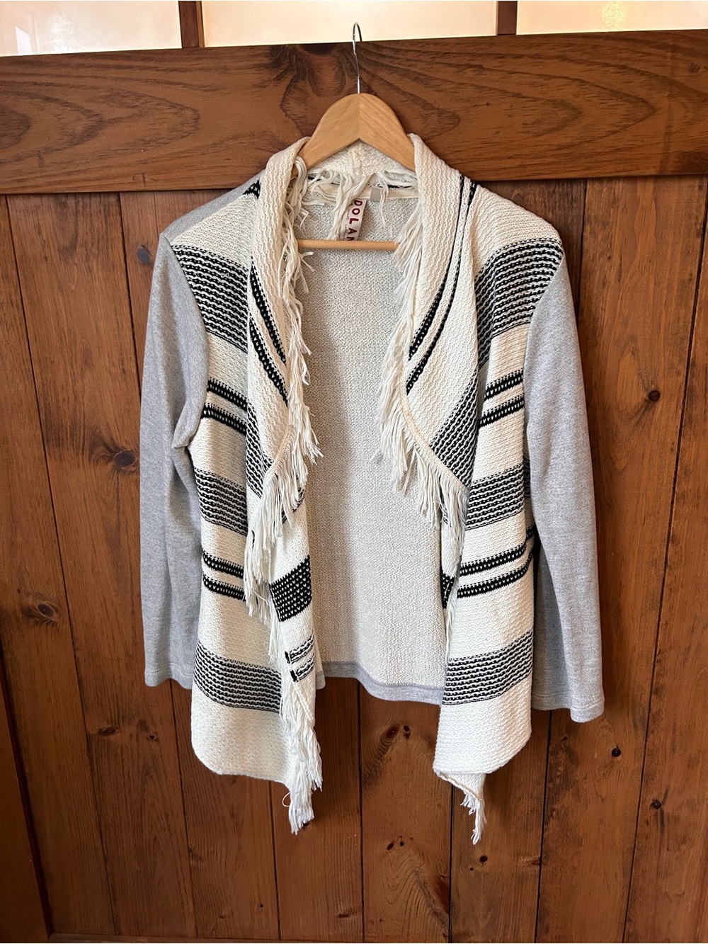 dolan Anthropologie Cream & Gray Fringed Open-Front Striped Cardigan